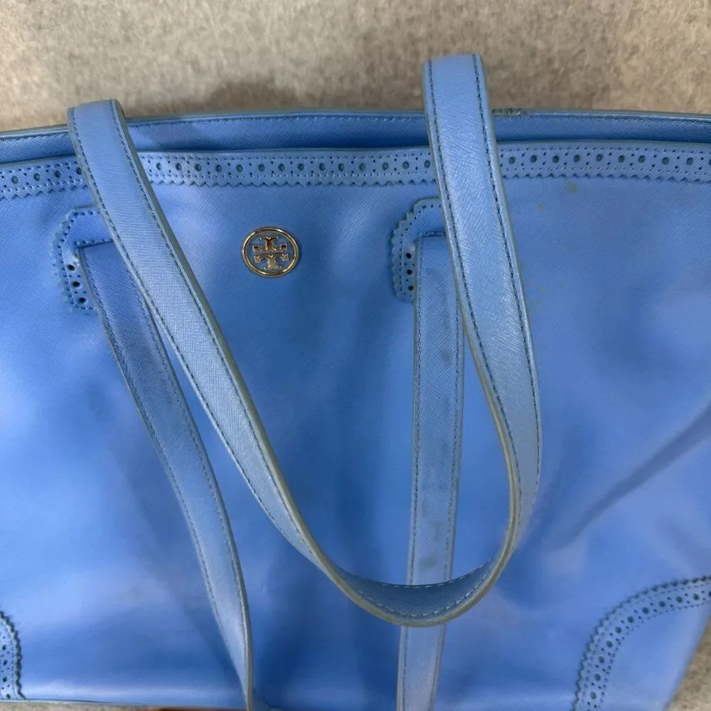Tory Burch Blue Leather‎ Tote Bag Perforated Details Gold Logo  Shopper Tote